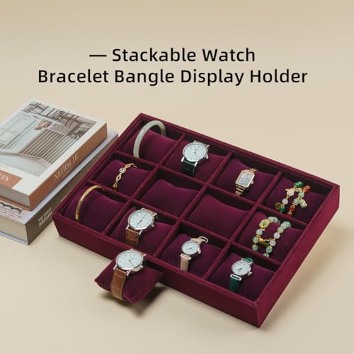 Jewelry Watch Tray, Purple Velvet Watch Jewelry Organizer 12 Grid, Stackable Watch Bracelet Bangle Display Holder, Adjustable Pillows, for Man Woman Show Birthday - color: Purple