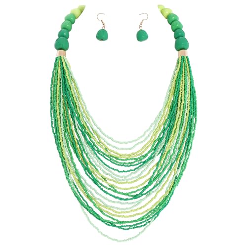 Bocar Necklace for Women, Multi Layer Statement Necklace, Long Chain Chunky Bib Seed Beads Necklace, Necklace Earring Set for Women Gift (NK-10693) - color: Mix green-set