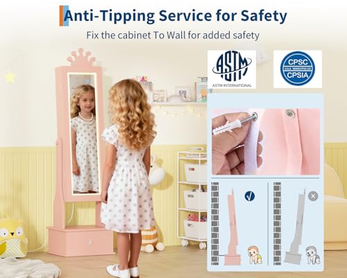 Kids Jewelry Armoire Cabinet with Full-Length Mirror,46"Jewelry Armoire with Led Light, Kids Jewelry Organizer with 3 Storage Drawers,Kids Vanity Dress Up Mirror Jewelry Cabinet for Girls（light Pink) - size: Light pink