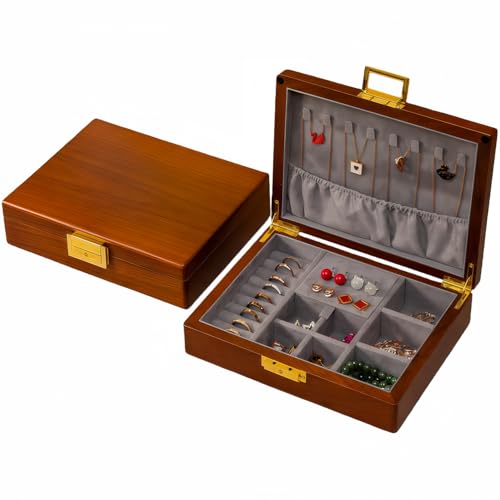 Solid Black Walnut Jewelry Box with Lock and Key Large Capacity Vintage Wooden Organizer for Women and Men Ring Necklace Earring Cufflink Storage Removable Dividers Gift for Christmas - color: Grey Velvet