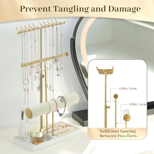 Tirzah 3-Tier Adjustable Jewelry Holder Organizer Stand with 20 Necklace Hooks, 18 Earring Holes and Notches, Bracelet Holder, 6 Ring Rolls, Jewelry Tray for Girls, Women - color: Gold & White, for Necklace Earring Bracelet