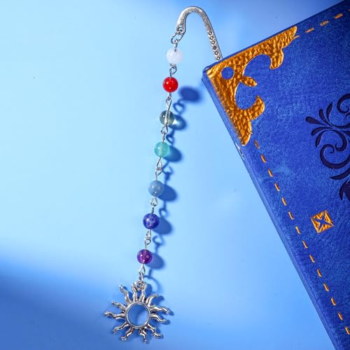 Vintage Sunshing Pendant Metal Hook Bookmark with Natural Crystal Stones and Glass Bead Chain–Elegant Bookmarks for Women,Men,Book Lovers,Girls and Teachers(Chakela) - style: Chakela
