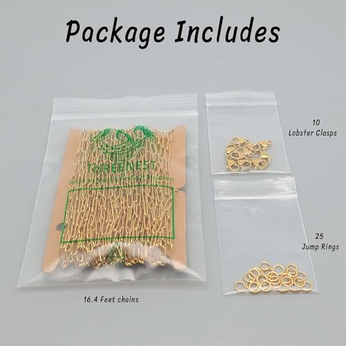 THREENEST 16.4-Feet 3mm Stainless Steel Paperclip Chains with 10 Lobster Claps+25 Jump Rings, 18K Real Gold Plated Soldered Cable Long Craft Chain for Necklace Bracelet Earring Jewelry Making(Gold) - color: Gold, size: Width 3.0mm-16.4 Feet+10 Claps+25 Ri