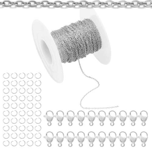 33Feet Stainless Steel Necklace Chains Cable Link Chains for Jewelry Making DIY Craft Kit with Lobster Clasps Jump Rings - color: 33Feet-Stainless Steel, size: 1.0mm