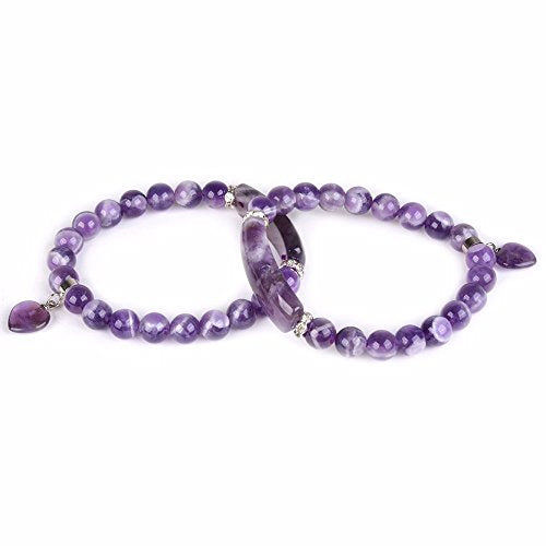 Justinstones Gem Semi Precious Gemstone Love Heart Charm Stretch Beaded Bracelet Unisex - color: African Amethyst