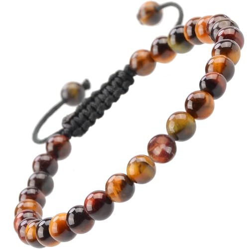 MASSIVE BEADS Natural Healing Power Gemstone Crystal Beads Unisex Adjustable Macrame Bracelets - color: Multi-Color Tiger Eye, size: 6mm