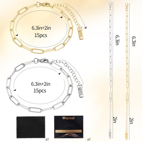 Wurosi 30PCS 18K Gold Plated Charm Bracelet Chains 6.3Inch Stainless Steel Bracelets Chain Bulk Link Bracelet with Lobster Clasps for Women DIY Bracelets Crafts Supplies(Gold+Silver) - color: Bracelets 30 PCS Gold+Silver