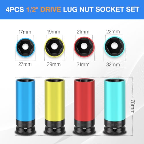4PCS 1/2" Drive Wheel Protector Impact Socket, Non-Marring Lug Nut Deep Socket Set, CR-MO, 6 Point, Color-Coded Protective Socket | Metric 17 19 21 22 mm - size: 1/2" Protective Cover Sockets 4pcs