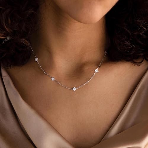 Mothers Day Gifts - Dainty Silver Gold Necklaces for Women Cute Station Choker Simulated Diamond Necklace Simple Layering CZ Necklace Trendy Jewelry Gifts - color: Silver, style: Flower