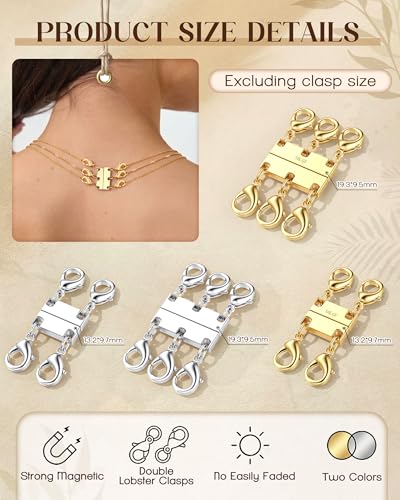 GEMQUEEN Magnetic Necklace Clasps and Closures with Double Lobster Clasp : 14K & White Gold Plated Magnet Jewelry Layering Clasps for Necklaces Multi Magnets Bracelet Helper Necklace Extenders 4PCS - color: 14K & White Gold Plated -4PCS
