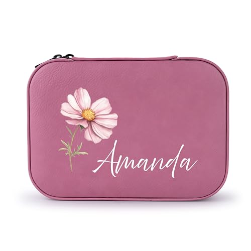 Custom Leather Jewelry Box with Name & Birth Flower Month, Birthday Gifts for Women, Personalized Jewelry Travel Case - Customized Jewelry Organizer Box, Mom Birthday Gifts, Pink - color: Pink