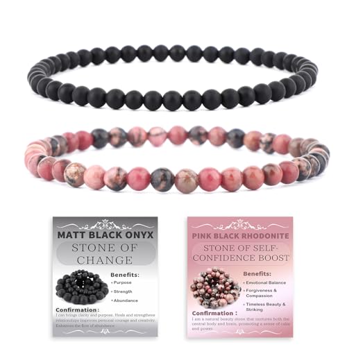 NCB 2.3-Piece 4mm Natural Crystal Gemstone Stretch Bracelets – Handmade Reiki Energy Healing Jewelry for Meditation,Yoga, Unisex - color: 2PCS ( Pink black Rhodonite+Matte Black Agate ), size: 4mm