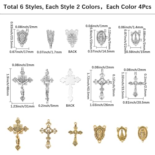 SUNNYCLUE 1 Box 48Pcs 12 Styles Rosary Cross and Centerpiece Rosary Crucifix Charms Tibetan Gold Silver Bronze Cross Amulet Chandelier Links Pendants for Jewelry Making DIY Necklace Bracelets Crafts - style: Rosary Charm 3