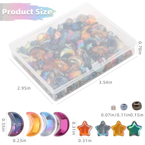620pcs Mixed Star Moon Glass Beads for Jewelry Making, Shaped Star Moon Spacer Beads with Glass Seed Beads for DIY Supplies Bracelets Necklaces Earrings - color: colorful