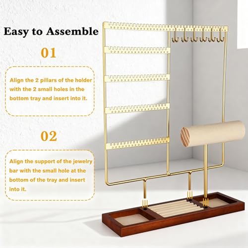 Ciormis Jewelry Stand Organizer, 5 Tier Jewlery Holder Towers Earring Display Rack with 72 Holes and 12 Hooks Necklace Hanger Tree for Necklace Bracelet Stud Earring Ring Women Mothers Gift (Gold) - color: Gold-new