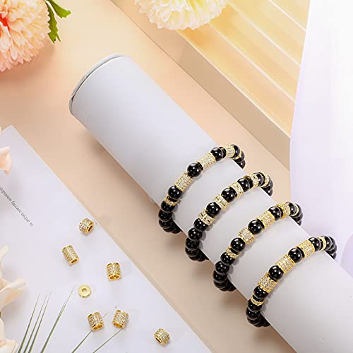 Yinkin 40 Pieces Zircon Rhinestone Beads Tube Column Pave Bead Charms Cubic Zirconia Big Hole Spacer Jewelry Bracelet Connector Crystal for DIY(Gold)