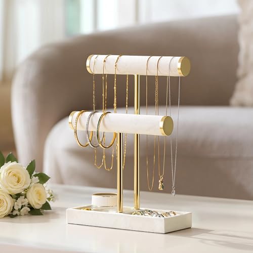 bussdis 2 Tier Bracelet Holder Display - Detachable T Bar Beige Velvet Bracelet Holder, Jewelry Holder Organizer for Bracelet, Necklace, Earrings, Rings - color: Beige
