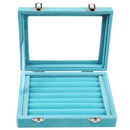 Jewelry Box Rings Organizer Tray 7 Slots Velvet Jewelry Earring Storage Box With Transparent Lid Jewelry Display Case for Girls Women (Light Blue) - color: Light Blue