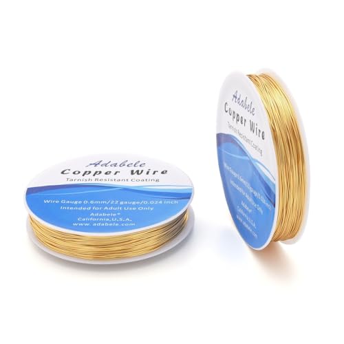 Adabele 124 Feet Premium Tarnish Resistant Round Jewelry Wire Copper Beading Wire Spool Bulk (0.6mm/22 Gauge) 18K Gold Plated for DIY Craft Jewelry Making BF286-6 - color: 18K Yellow Gold/Light Gold, size: 0.6mm (22 gauge) wire - 1 Roll
