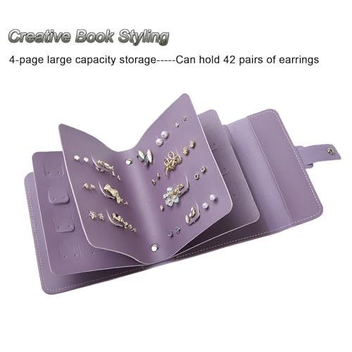 LAKE OF FIRE Earring Holder Organizer with Foldable Book Design Jewelry Book Organizer, Portable Pu Leather Travel Earring Case(Purple) - color: Purple