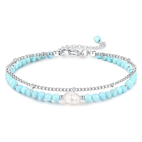 Peridot Stand Silver Gold Bracelets, Handmade Birthstone Stack Bracelet Crystal Gemstones Bead Chain Gift for Women, 8" - color: Silver-06-Turquoise and Baroque Pearls