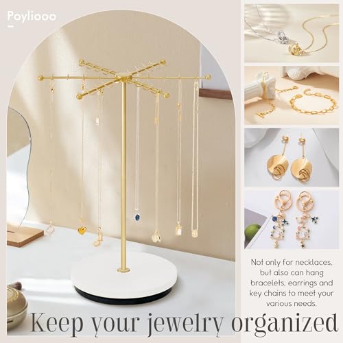 Poyilooo Necklace Holder Jewelry Stand, Rotating Necklace Holder Organizer with 48 Hooks for Necklace Earring Keychains Bracelet Display Stand, Metal Necklace Tree Stand -Women Gifts (Gold) - color: Gold