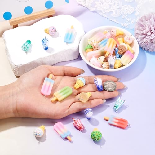 Craftdady Resin Plastic Miniature Food Snack Pendants Charms Ice Drink Juice Pendants Cute Bottle Fruit Keychain Charms Hang Ornament for DIY Craft Earring Bracelet Necklace Jewelry Making - color: Mixed Color Ice Cream