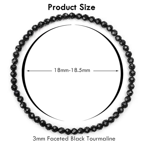 BONNY BOXX Natural Genuine Gemstone Faceted Round Beads Bracelets, 3mm Adjustable Stretchy Tiny Faceted Black Tourmaline Bracelet, Healing Crystal Reiki Chakra Dainty Jewelry Fashion Gifts - color: Black Tourmaline