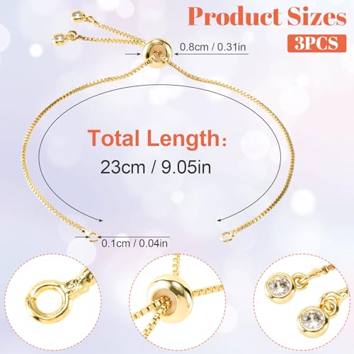 Joez Wonderful 3pcs Adjustable Slider Bracelet for Jewelry Making, 18K Gold Plated Charm Bracelet Extender Chains with Rhinestones Ends for Women DIY Bracelet Jewelry Craft Supplies - color: Gold