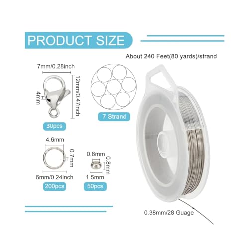 BENECREAT 240-Feet 0.015inch/0.38mm Stainless Steel 7-Strand Beading Wire with 200pcs Jump Rings, 50pcs Crimp Beads and 30pcs Lobster Claw Clasps for Jewelry Making - size: 0.38mm, style: 7 Strand