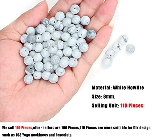 AD Beads 8mm Natural Round Loose Beads 110 Pieces, for Making 108 Mala Prayer Beads Necklace, Bracelet & Yoga Meditation, Jewelry Design (White Howlite) - color: White Howlite