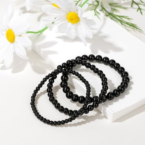 3Pcs Natural Healing Crystal Bracelets for Women Men, 4mm 6mm 8mm Beaded Stretch Bracelet Set, Black Tourmaline Natural Stone Gemstone Jewelry Gifts for Meditation, Reiki & Yoga - color: black tourmaline