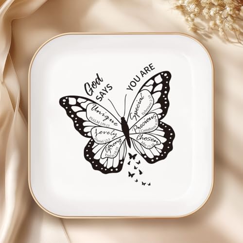 LITTLEBIGGER Christian Gifts for Women – Jewelry Tray Dish，Religious Decorative Plate with Bible Verses，Christian Gifts – Baptism Gifts for Girl, Friends, Mom, Sister, Female Coworker - style: You Are-Butterfly