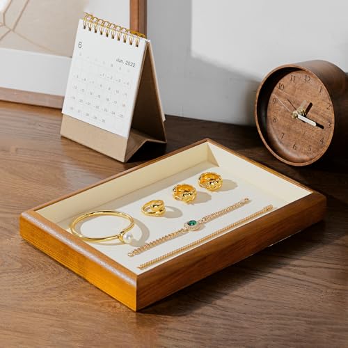 Solid Wood Flat Jewelry Tray Microfiber Necklace Bracelet Ring Earring Watch Bangle Stackable Drawer Organizer for Storage Display (Cream White) - style: 1 Grid