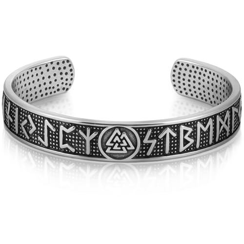 Stainless Steel Cuff Bracelet,Retro Gothic Punk Biker Cool Open Adjustable Cuff Bangle Bracelets Jewelry for Men Silver - style: Viking Runes