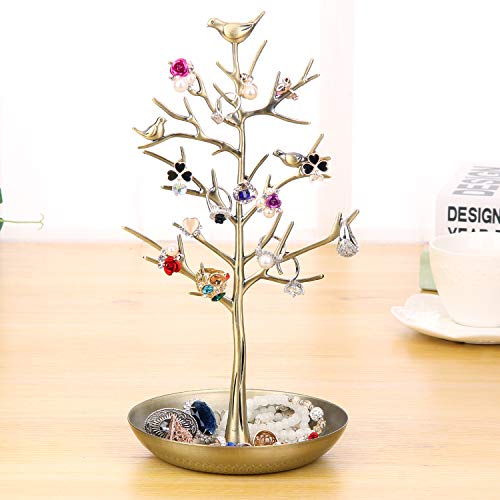 Jewelry Tree Necklace Earring Holder Modern Cute Bird Jewelry Stand for Women Girls Teen Gold - color: Gold