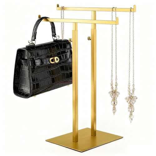 Purse Display Stand Jewelry Towers, Double T-Shaped Tabletop Stainless Steel Hook Hanging Adjustable Height Handbag Holder for Organizer Luxury Bags Necklaces Home Store Boutique Retail Closet - color: Champagne Gold