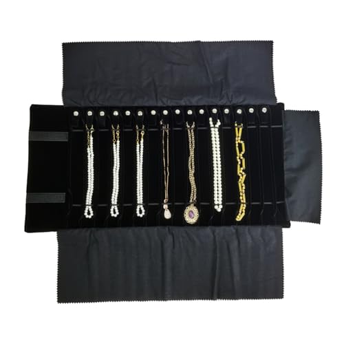 Portable Jewelry Roll Untangled Secure Necklace Travel Storage Bag Displays Holder 16 Chain (Gray PU and Black Velvet) - color: Gray PU and Black Velvet