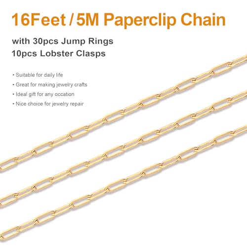 Kyutong 5M Gold PVD Plated Necklace Chain for Jewelry Making 304 Stainless Steel Paperclip Chain Roll with Lobster Clasps and Jump Rings for Men Women Making Jewelry Craft Support Jewelry Findings - color: 3mm Paperclip Gold