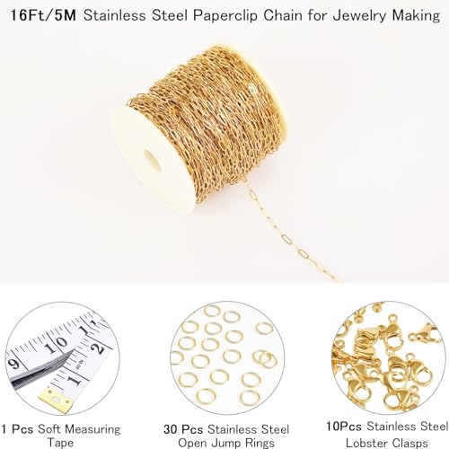 16Ft Stainless Steel Paperclip Chain for Jewelry Making, 2.5mm Width Gold Plated Paper Clip Link Chains Roll for DIY Necklace Bracelet Jewelry Making Supplies with Lobster Clasps Soft Tape Measure - color: Paperclip 2.5mm Gold with Soft Tape Measure