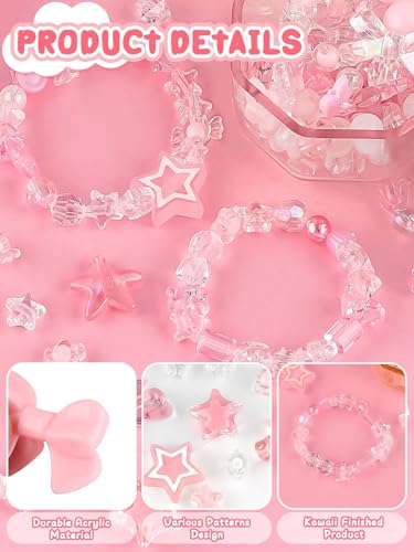 Acrylic Pastel Beads for Jewelry Making, Kalolary Colorful Bow Butterfly Flower Beads Kawaii Plastic Candy Heart Bead Cute Macaroon Aesthetic Bead for Bracelet Necklace DIY Supplies (Pink) - color: Pink