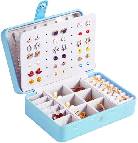QBestry All-in-One Travel Jewelry Organizer for Women Blue | Small Jewelry Box with 68 Earring Holes | Compact Portable Jewelry Case for Earrings, Rings, Necklaces | Perfect Gifts for Mom Wife Girls - color: Blue