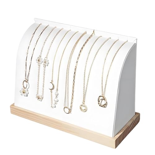 Cambered Necklace Display Stand with Leather Soft Mat Wood Jewelry Organizer Tabletop Display Holder for Necklaces, Choker Pendant (White) - color: White