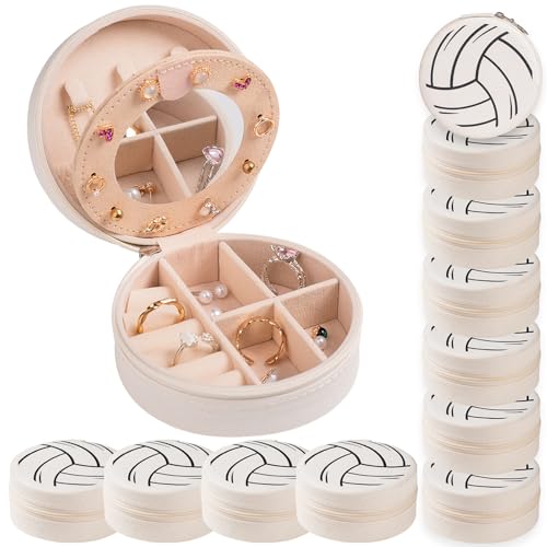 12-Pack Volleyball Travel Jewelry Case With Mirror Round Volleyball Stuff Portable Jewelry Organizer Storage Case for Team Athletes & Sports Enthusiasts Christmas Events & Milestones (Mirror) - style: Mirror