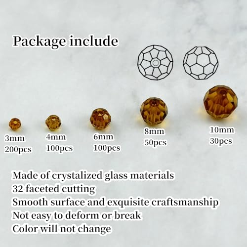 480pcs Crystal Glass Beads 3mm 4mm 6mm 8mm 10mm Round Faceted Glass Spacer Beads for Bracelets Necklace Earring DIY Jewelry Making Craft(Amber) - color: Amber