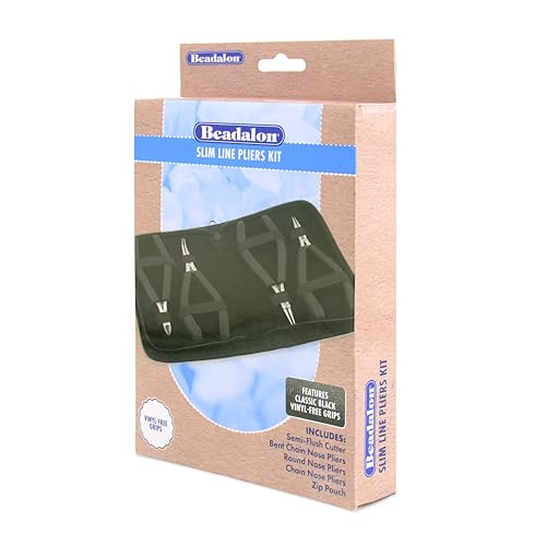 Beadalon Designer Series Slim Pliers Kit, Black Vinyl-Free Grips, Stainless Steel, Chain Nose, Bent Chain Nose, Round Nose, Semi-Flush Cutter, 5.75 in, 4 pc w/Zip Pouch - color: Black, style: Pliers Kit