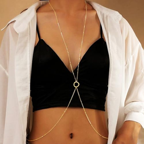 14K Gold Plated Body Chains for Women, Sexy Layered Belly Waist Chain Crossover Bikini Bra Chain, Summer Beach Rhinestone Body Jewelry - style: Gold Circle