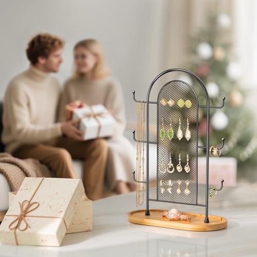 bussdis Jewelry Holder Organizer Earring Display - Stands Earring Storage Earring tree Hanger Jewelry Towers Rack with 6 Hooks 300 Stud Holes Wood Tray for Necklaces Bracelets Rings - color: Black