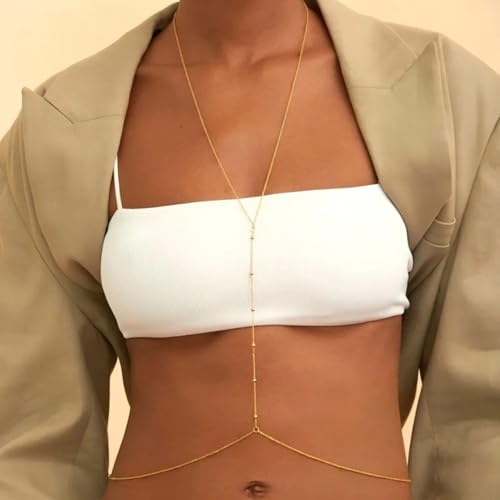Body Chain,Body Jewelry for Women,Sexy Layered Chest Chain,Layered Adjustable Waist Jewelry for Beach Accessories,Gold Plated Waist Chains - color: Gold-E