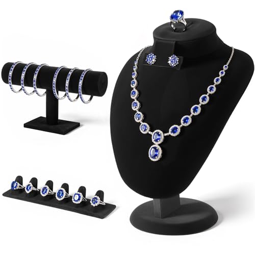 3Pcs Black Velvet Jewelry Display Set, Including Necklace Mannequin Bust Stand, T Shape Bracelet Stand, Ring Finger Jewelry Holder, for Retail Display Organization Home Decor